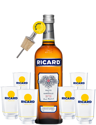 Ricard Pastis - Coffret 1 bouteille - 6 verres allongés + bec verseur